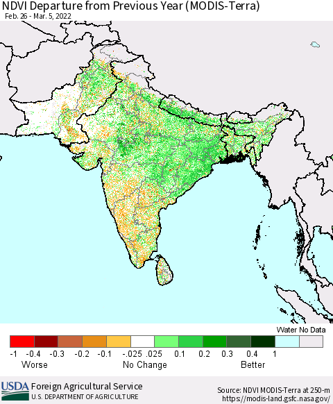 Southern Asia NDVI Departure from Previous Year (Terra-MODIS) Thematic Map For 3/1/2022 - 3/10/2022