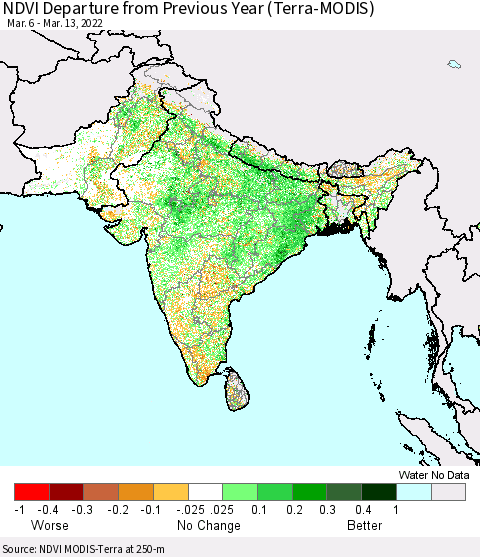 Southern Asia NDVI Departure from Previous Year (Terra-MODIS) Thematic Map For 3/6/2022 - 3/13/2022