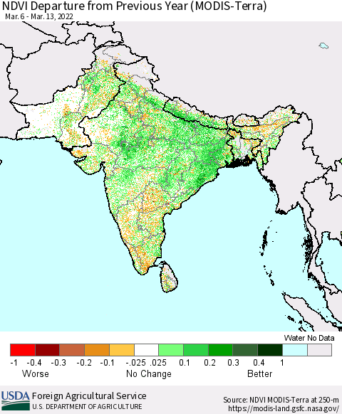 Southern Asia NDVI Departure from Previous Year (Terra-MODIS) Thematic Map For 3/11/2022 - 3/20/2022