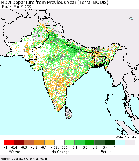 Southern Asia NDVI Departure from Previous Year (Terra-MODIS) Thematic Map For 3/14/2022 - 3/21/2022