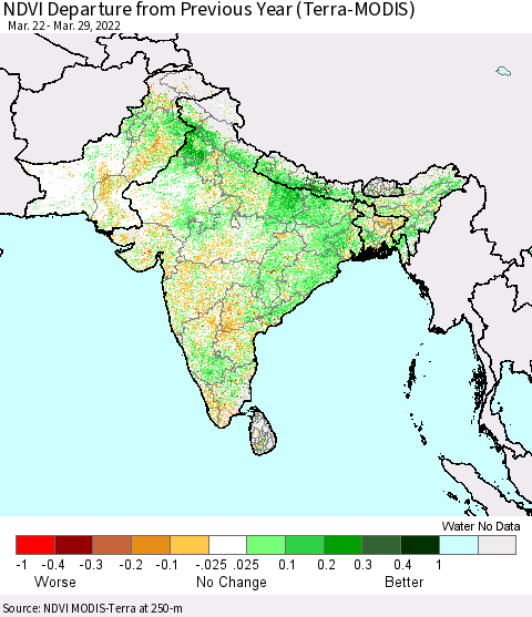 Southern Asia NDVI Departure from Previous Year (Terra-MODIS) Thematic Map For 3/22/2022 - 3/29/2022