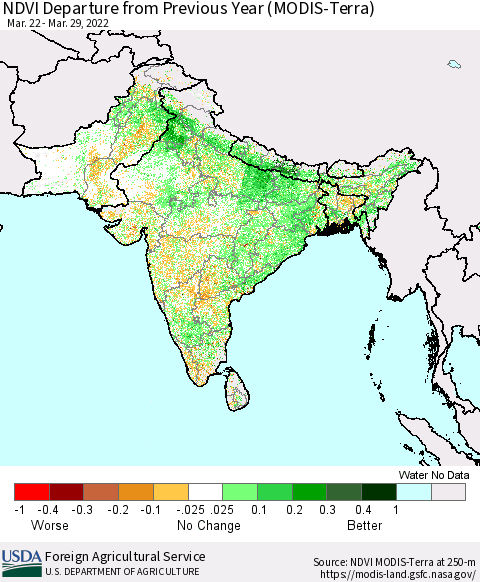 Southern Asia NDVI Departure from Previous Year (Terra-MODIS) Thematic Map For 3/21/2022 - 3/31/2022