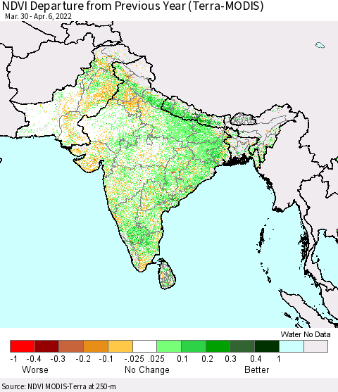 Southern Asia NDVI Departure from Previous Year (Terra-MODIS) Thematic Map For 3/30/2022 - 4/6/2022
