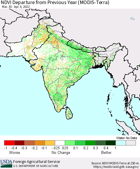 Southern Asia NDVI Departure from Previous Year (Terra-MODIS) Thematic Map For 4/1/2022 - 4/10/2022