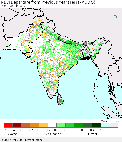 Southern Asia NDVI Departure from Previous Year (Terra-MODIS) Thematic Map For 4/7/2022 - 4/14/2022