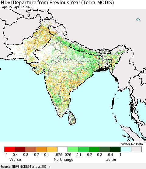 Southern Asia NDVI Departure from Previous Year (Terra-MODIS) Thematic Map For 4/15/2022 - 4/22/2022
