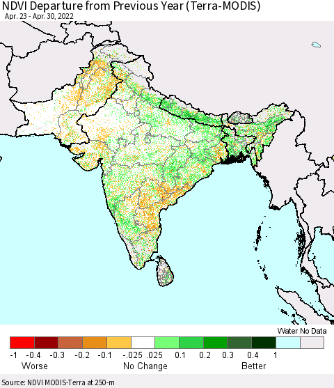 Southern Asia NDVI Departure from Previous Year (Terra-MODIS) Thematic Map For 4/23/2022 - 4/30/2022