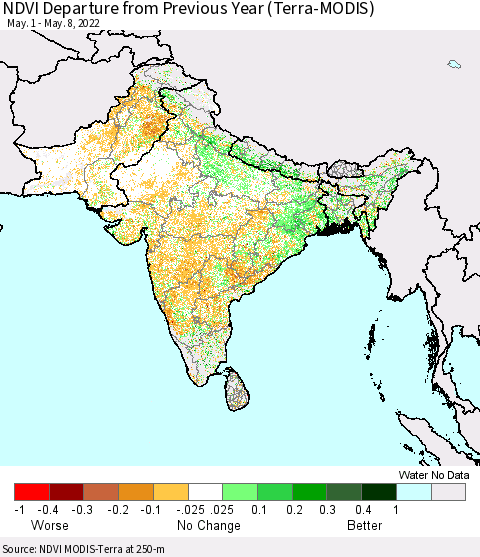 Southern Asia NDVI Departure from Previous Year (Terra-MODIS) Thematic Map For 5/1/2022 - 5/8/2022