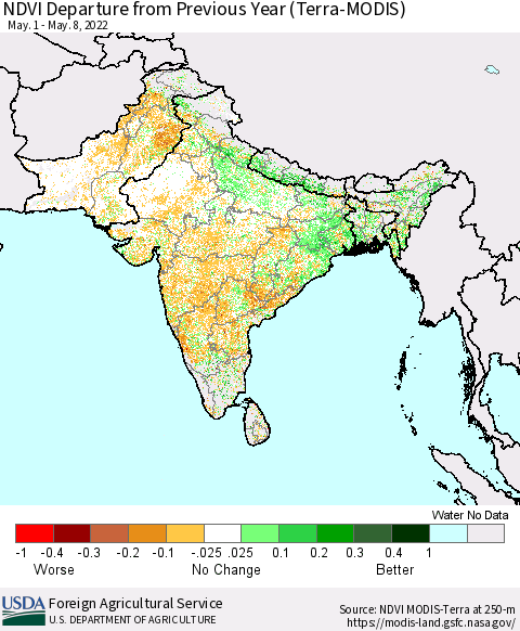 Southern Asia NDVI Departure from Previous Year (Terra-MODIS) Thematic Map For 5/1/2022 - 5/10/2022