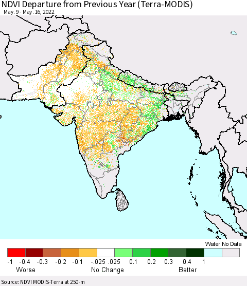 Southern Asia NDVI Departure from Previous Year (Terra-MODIS) Thematic Map For 5/9/2022 - 5/16/2022