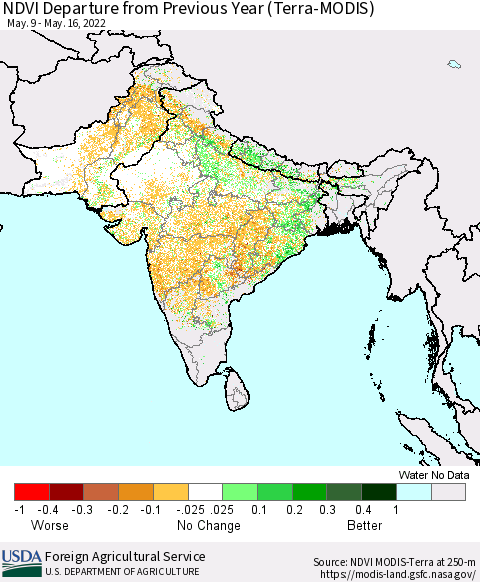 Southern Asia NDVI Departure from Previous Year (Terra-MODIS) Thematic Map For 5/11/2022 - 5/20/2022