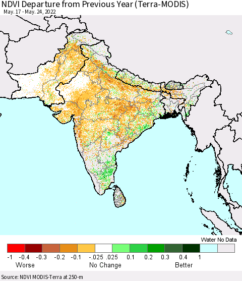 Southern Asia NDVI Departure from Previous Year (Terra-MODIS) Thematic Map For 5/17/2022 - 5/24/2022