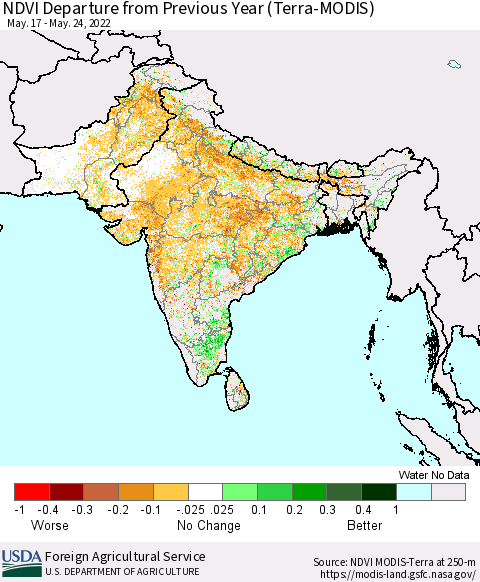 Southern Asia NDVI Departure from Previous Year (Terra-MODIS) Thematic Map For 5/21/2022 - 5/31/2022