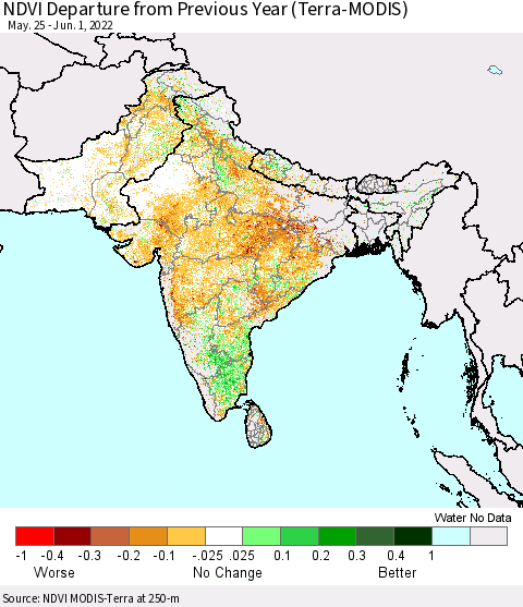 Southern Asia NDVI Departure from Previous Year (Terra-MODIS) Thematic Map For 5/25/2022 - 6/1/2022