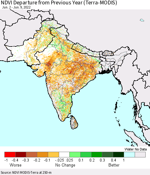 Southern Asia NDVI Departure from Previous Year (Terra-MODIS) Thematic Map For 6/2/2022 - 6/9/2022