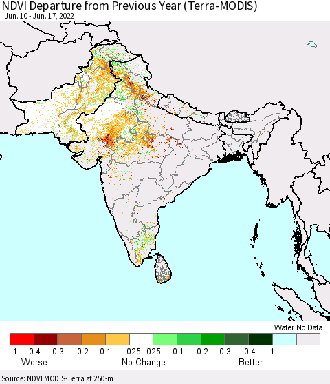 Southern Asia NDVI Departure from Previous Year (Terra-MODIS) Thematic Map For 6/10/2022 - 6/17/2022