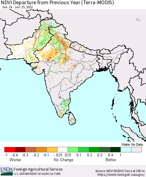 Southern Asia NDVI Departure from Previous Year (Terra-MODIS) Thematic Map For 6/21/2022 - 6/30/2022