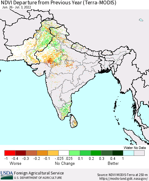 Southern Asia NDVI Departure from Previous Year (Terra-MODIS) Thematic Map For 7/1/2022 - 7/10/2022