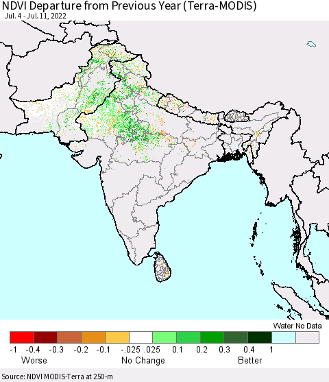 Southern Asia NDVI Departure from Previous Year (Terra-MODIS) Thematic Map For 7/4/2022 - 7/11/2022