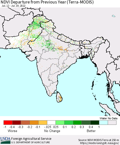 Southern Asia NDVI Departure from Previous Year (Terra-MODIS) Thematic Map For 7/11/2022 - 7/20/2022