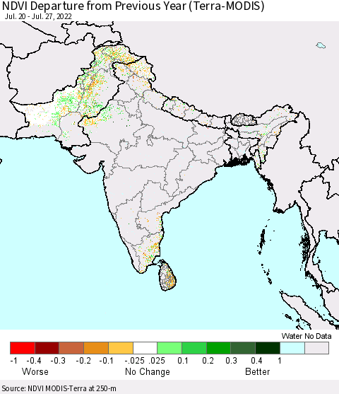 Southern Asia NDVI Departure from Previous Year (Terra-MODIS) Thematic Map For 7/20/2022 - 7/27/2022