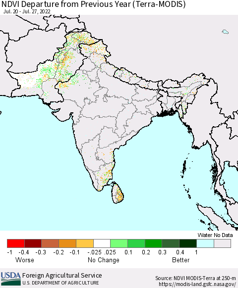 Southern Asia NDVI Departure from Previous Year (Terra-MODIS) Thematic Map For 7/21/2022 - 7/31/2022