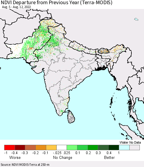Southern Asia NDVI Departure from Previous Year (Terra-MODIS) Thematic Map For 8/5/2022 - 8/12/2022
