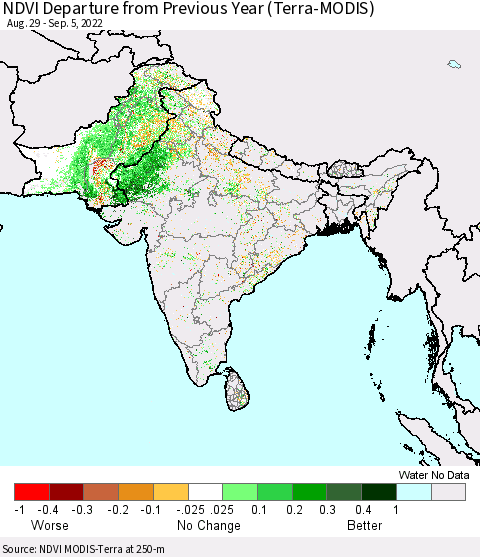 Southern Asia NDVI Departure from Previous Year (Terra-MODIS) Thematic Map For 8/29/2022 - 9/5/2022