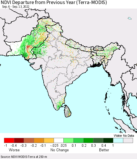 Southern Asia NDVI Departure from Previous Year (Terra-MODIS) Thematic Map For 9/6/2022 - 9/13/2022