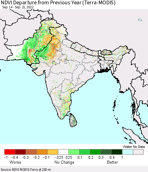 Southern Asia NDVI Departure from Previous Year (Terra-MODIS) Thematic Map For 9/14/2022 - 9/21/2022