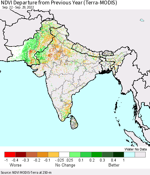 Southern Asia NDVI Departure from Previous Year (Terra-MODIS) Thematic Map For 9/22/2022 - 9/29/2022