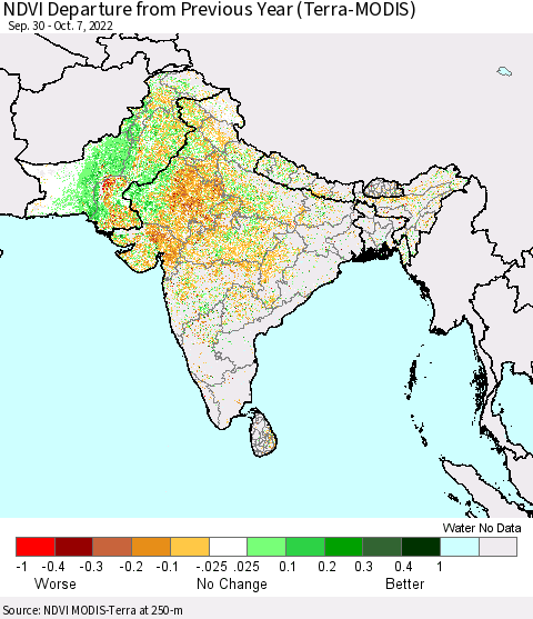 Southern Asia NDVI Departure from Previous Year (Terra-MODIS) Thematic Map For 9/30/2022 - 10/7/2022
