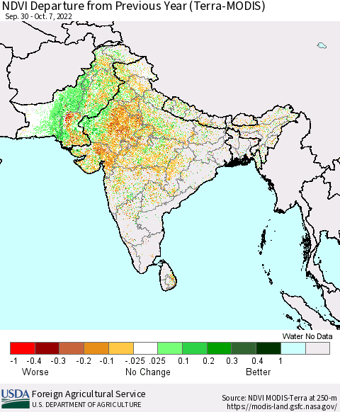 Southern Asia NDVI Departure from Previous Year (Terra-MODIS) Thematic Map For 10/1/2022 - 10/10/2022