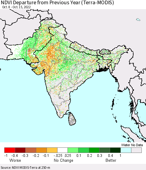 Southern Asia NDVI Departure from Previous Year (Terra-MODIS) Thematic Map For 10/8/2022 - 10/15/2022