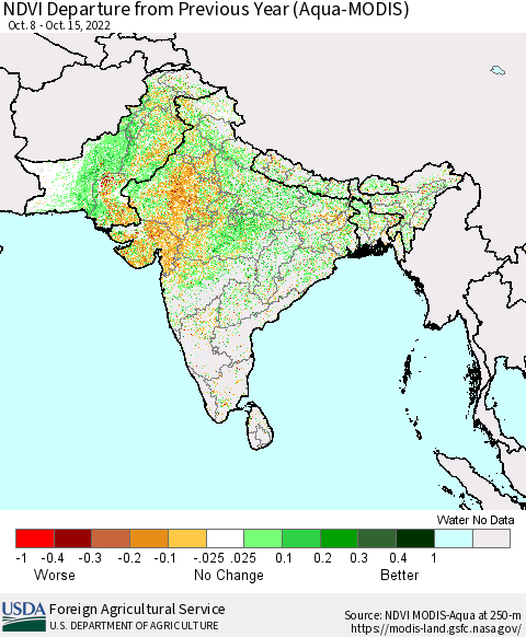Southern Asia NDVI Departure from Previous Year (Terra-MODIS) Thematic Map For 10/11/2022 - 10/20/2022