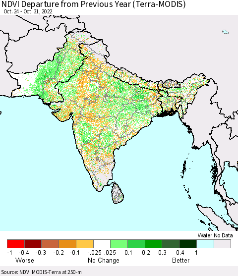 Southern Asia NDVI Departure from Previous Year (Terra-MODIS) Thematic Map For 10/21/2022 - 10/31/2022