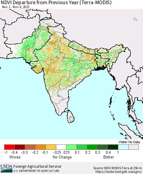 Southern Asia NDVI Departure from Previous Year (Terra-MODIS) Thematic Map For 11/1/2022 - 11/10/2022