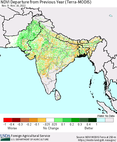 Southern Asia NDVI Departure from Previous Year (Terra-MODIS) Thematic Map For 11/11/2022 - 11/20/2022