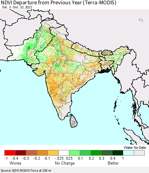 Southern Asia NDVI Departure from Previous Year (Terra-MODIS) Thematic Map For 12/1/2022 - 12/10/2022