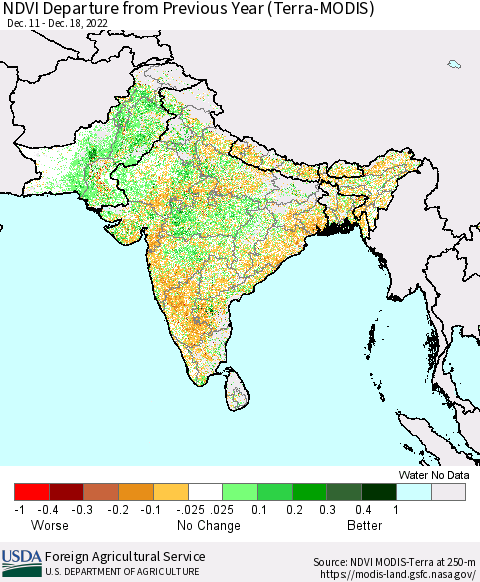 Southern Asia NDVI Departure from Previous Year (Terra-MODIS) Thematic Map For 12/11/2022 - 12/20/2022