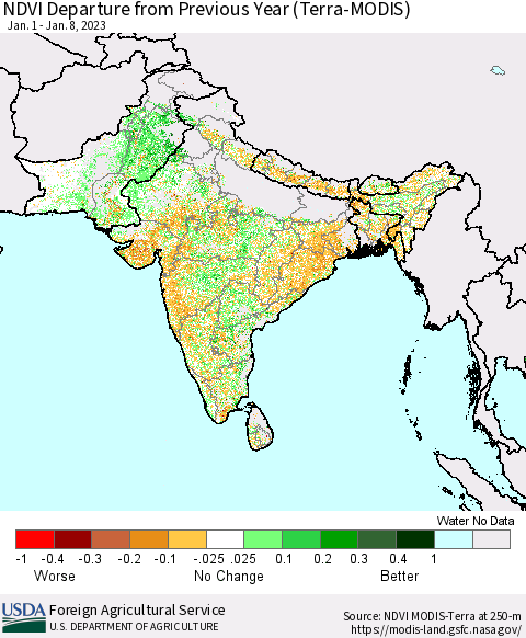 Southern Asia NDVI Departure from Previous Year (Terra-MODIS) Thematic Map For 1/1/2023 - 1/10/2023