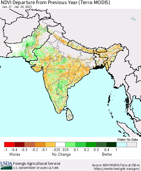 Southern Asia NDVI Departure from Previous Year (Terra-MODIS) Thematic Map For 1/21/2023 - 1/31/2023
