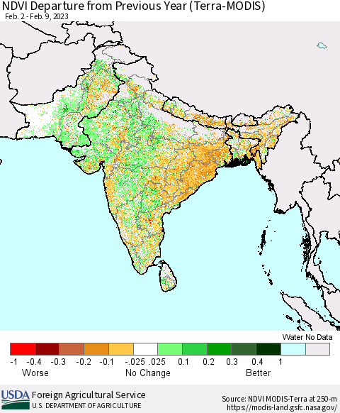 Southern Asia NDVI Departure from Previous Year (Terra-MODIS) Thematic Map For 2/1/2023 - 2/10/2023