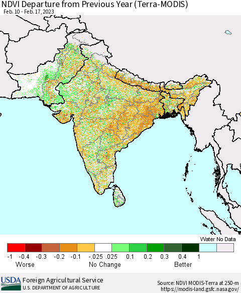 Southern Asia NDVI Departure from Previous Year (Terra-MODIS) Thematic Map For 2/11/2023 - 2/20/2023