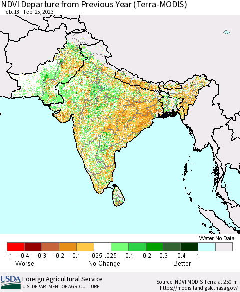 Southern Asia NDVI Departure from Previous Year (Terra-MODIS) Thematic Map For 2/21/2023 - 2/28/2023
