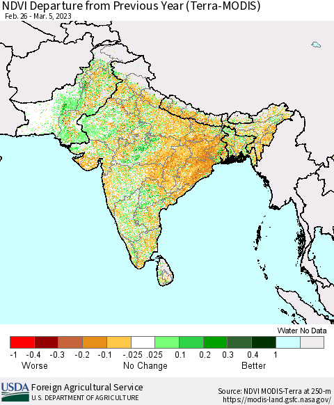 Southern Asia NDVI Departure from Previous Year (Terra-MODIS) Thematic Map For 3/1/2023 - 3/10/2023