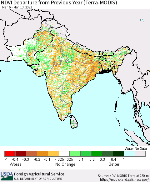 Southern Asia NDVI Departure from Previous Year (Terra-MODIS) Thematic Map For 3/11/2023 - 3/20/2023