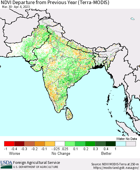 Southern Asia NDVI Departure from Previous Year (Terra-MODIS) Thematic Map For 4/1/2023 - 4/10/2023