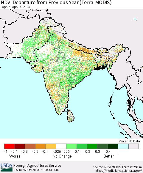 Southern Asia NDVI Departure from Previous Year (Terra-MODIS) Thematic Map For 4/11/2023 - 4/20/2023