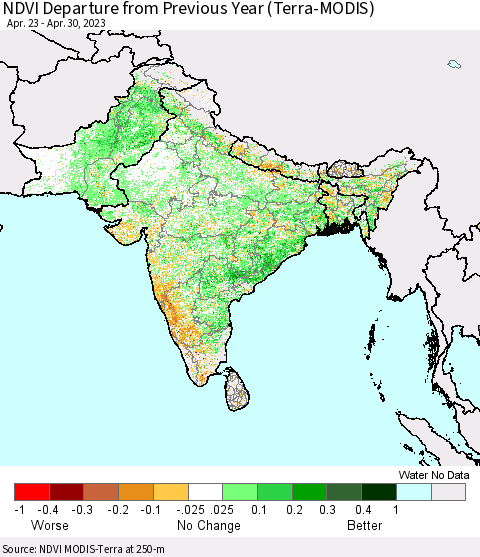 Southern Asia NDVI Departure from Previous Year (Terra-MODIS) Thematic Map For 4/21/2023 - 4/30/2023
